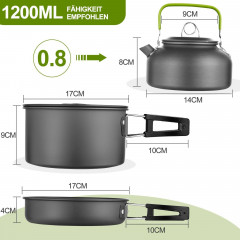 MDHAND MDHAND Gaskocher Geschirr-Set Tragbar Kochgeschirr Topf Kocher Set,Aluminium, (15-St), mit Faltender Loffel Gabel Cutter Cup fur 2 bis 3 Personen  Набор посуды для газовой плиты MDHAND. Портативная посуда. Набор посуды, алюминий, (15 предметов), со