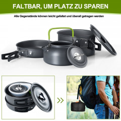 MDHAND MDHAND Gaskocher Geschirr-Set Tragbar Kochgeschirr Topf Kocher Set,Aluminium, (15-St), mit Faltender Loffel Gabel Cutter Cup fur 2 bis 3 Personen  Набор посуды для газовой плиты MDHAND. Портативная посуда. Набор посуды, алюминий, (15 предметов), со