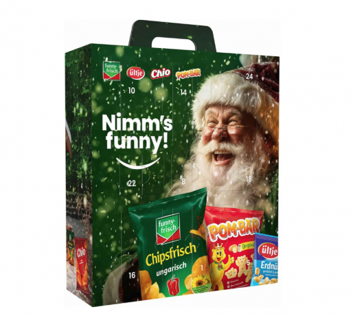 funny-frisch Adventskalender 2025 Адвент-календарь funny-frisch XXL, наполненный 24 чипсами и закусками, 45 см x 39 см, 810 г, Германия