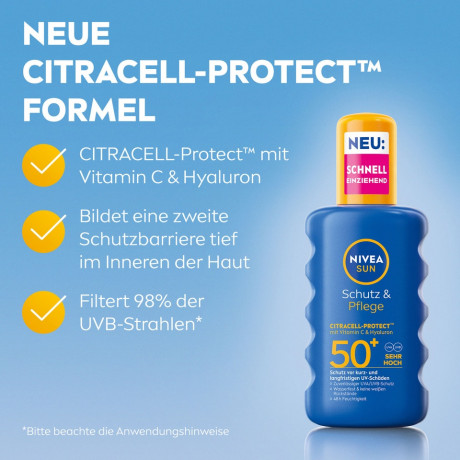 NIVEA SUN Sonnenspray Schutz & Pflege LSF 50+, 200 ml, Нивеа Солнцезащитный спрей, SPF 50+, водостойкий, увлажнение, 200 мл