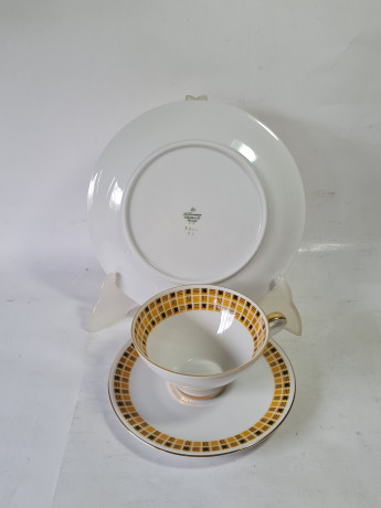 Чайное трио винтажное Seltmann Weiden K. Bavaria с черно-желтым клетчатым декором, фарфор, Германия, 1960-70гг.