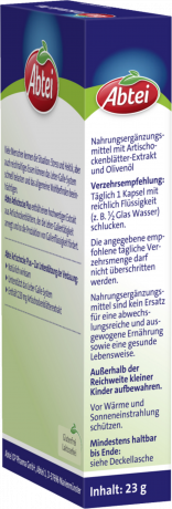 Abtei Artischocke Plus Leber und Galle 30 Kapseln (23 g), Abtei Капсулы с артишоком и оливковым маслом для поддержки печени, желчевыделения и переваривания жиров, 30 капсул (23 г)