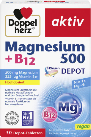 Doppelherz Magnesium 500 + B12, 30 Depot-Tabletten, 51 g, Магний 500 мг и витамин B12 225 мкг для мышц и энергетического обмена, двухфазные таблетки с постепенным высвобождением, 30 шт., 51 г