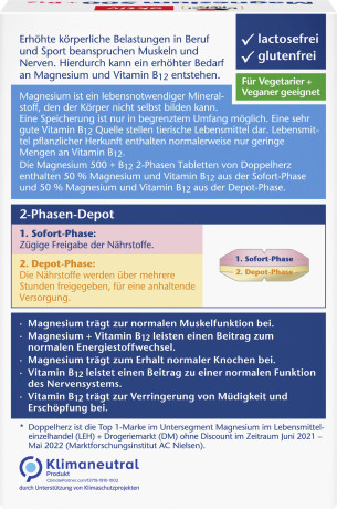 Doppelherz Magnesium 500 + B12, 30 Depot-Tabletten, 51 g, Магний 500 мг и витамин B12 225 мкг для мышц и энергетического обмена, двухфазные таблетки с постепенным высвобождением, 30 шт., 51 г