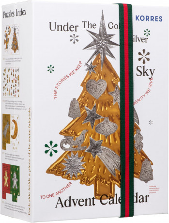 KORRES Under The Gold and Silver Sky Advent Calendar 2026, Адвент-календарь KORRES 2026, 24 подарка и коробки-пазл с четырьмя зимними сюжетами