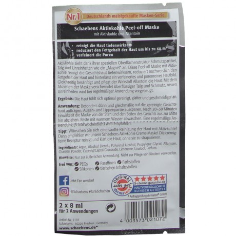Schaebens Aktivkohle PEEL-OFF MASKE 2 x 8 ml, Маска-плёнка с активированным углём для очищения пор, 2 × 8 мл