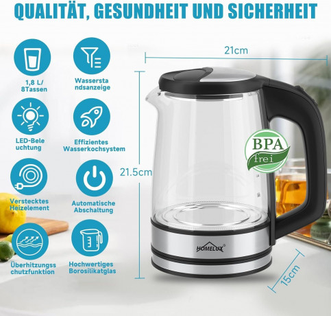 HOMELUX HOMELUX Wasserkocher Wasserkocher Glas 1500 Watt 1,8 L, Electric Kettle Mit Led-Beleuchtung, 1.8 l, 1500,00 W, Glas wasserkocher Edelstahl, Wasser Kocher Bpa Frei, 360° Basis  HOMELUX Стеклянный чайник 1500 Вт, 1,8 л, Электрический чайник со свето