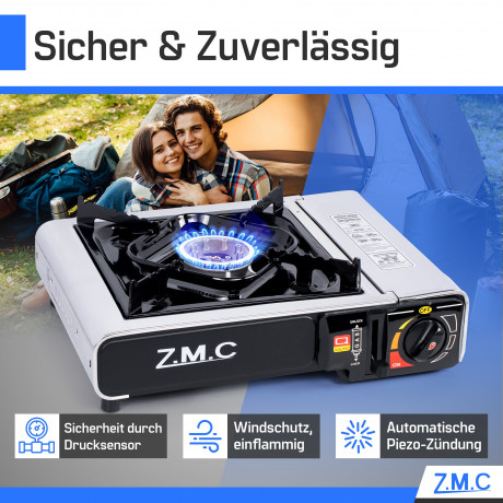 ZMC ZMC Gaskocher Edelstahl Gaskocher 1-flammig + Aufbewahrungskoffer + 8x Gaskartuschen, (Butangas Campingkocher fur Innenraum/Outdoor, Campinggaskocher 2,2 kW mit Piezozundung), Kochfeld Herd Gaskocher mit Kartusche, Gaskochfeld fur Camping  Газовая пли