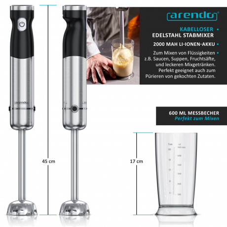 Arendo Arendo Stabmixer, 200 W, kabellos, Edelstahl, Purierstab mit Akku, inkl. 600 ml Messbecher  Ручной блендер Arendo, 200 Вт, беспроводной, нержавеющая сталь, ручной блендер с аккумулятором, включая мерный стакан емкостью 600 мл.