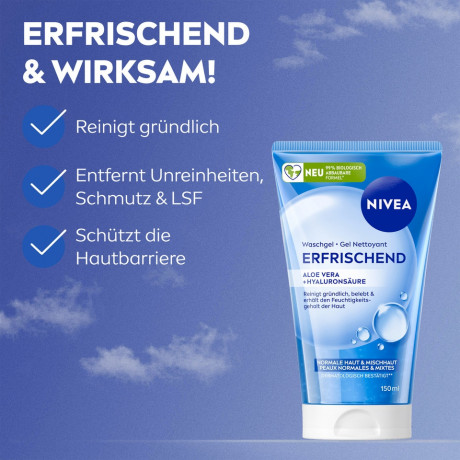 NIVEA Waschgel Erfrischend, 150 ml, Нивеа Гель для умывания освежающий, лотос и витамин E, для нормальной и комбинированной кожи, 150 мл