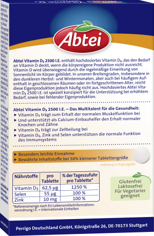 Abtei Vitamin D3 2500 I.E + Zink + Selen 50 Mini-Tabletten (13,6 g), Abtei Мини-таблетки витамина D3 2500 МЕ с цинком и селеном для иммунитета, костей и мышц, 50 мини-таблеток (13,6 г)