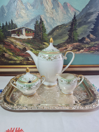 Набор для чая винтажный Tirschenreuther / Hutschenreuther Gruppe с зеленым узором, фарфор, Германия, 1960-70гг.