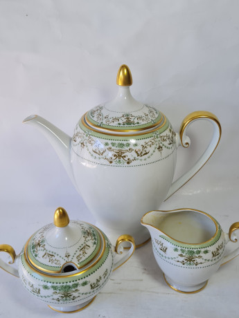 Набор для чая винтажный Tirschenreuther / Hutschenreuther Gruppe с зеленым узором, фарфор, Германия, 1960-70гг.