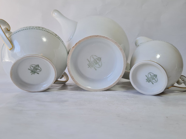 Набор для чая винтажный Tirschenreuther / Hutschenreuther Gruppe с зеленым узором, фарфор, Германия, 1960-70гг.