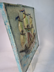 Панно декоративное винтажное Staatliche Majolika Karlsruhe с изображением парусника, керамика, 31 х 33 см, Германия, 1960-70гг.