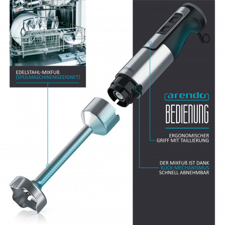 Arendo Arendo Stabmixer, 1000 W, Edelstahl Purierstab mit Messbecher, Handmixer, stufenlose Regelung, Arendo Stabmixer mit starkem 1000 Watt Motor inkl. Messbeser  Ручной блендер Arendo, 1000 Вт, очищающий стержень из нержавеющей стали с мерным стаканом,