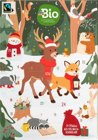 dmBio Schoko Adventskalender 2026, 24 Schokoladenfiguren, 144 g, dmBio Шоколадный Адвент-календарь 2026 из молочного шоколада, 24 фигурки, 144 г