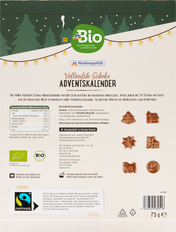 dmBio Schoko Adventskalender 2026, 24 Schokoladenfiguren, 144 g, dmBio Шоколадный Адвент-календарь 2026 из молочного шоколада, 24 фигурки, 144 г