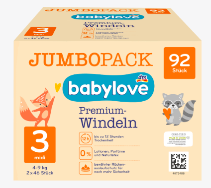 babylove Jumbo Pack Premium-Подгузники Размер midi 4-9kg, 2x46 stück, 92шт