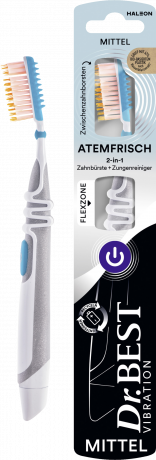 Dr.BEST Vibration Atemfrisch Zahnbuerste mittel 1 Stueck, Зубная щётка Dr.BEST на батарейке с очистителем языка для свежести дыхания, средняя жёсткость, 1 шт.