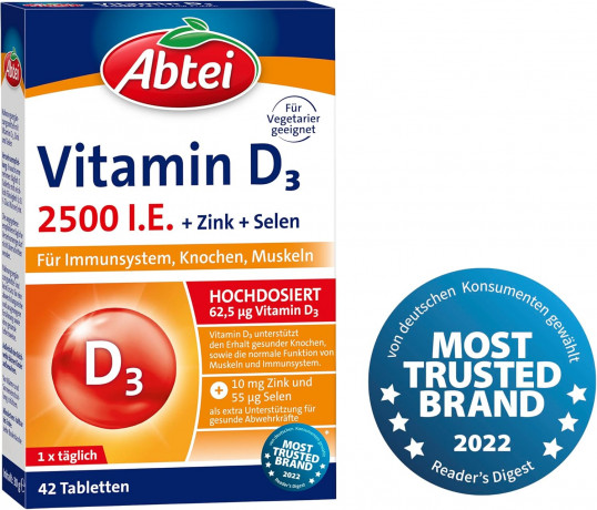 ABTEI Vitamin D3 2500 I.E. Tabletten Titandioxidfr 3stk x 42st, Витамин D3 2500 + Цинк + Селен, 3 упаковки х 42шт