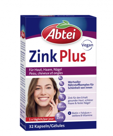 Abtei Zink Plus Nahrungserganzungmittel 32st, Комплекс Цинк плюс: цинк, биотин, ниацин и витамин В2 для кожи, волос и ногтей, 32шт