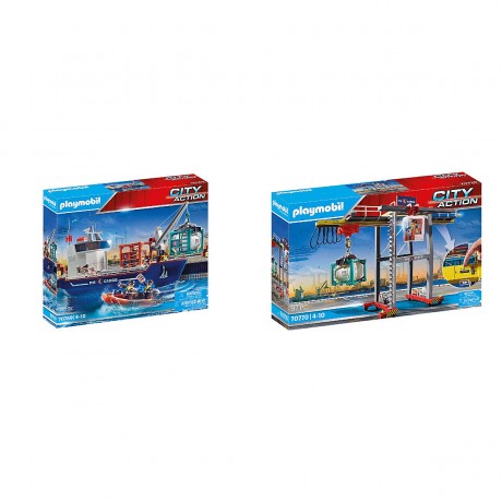 PLAYMOBIL 2er Set: 70769 Grosses Containerschiff mit Zollboot + 70770 Portalkran mit Containern Набор из 2 предметов: 70769 Большой контейнеровоз с таможенным судном + 70770 Козловой кран с контейнерами
