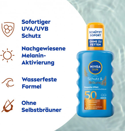 NIVEA SUN Schutz & Braune Sonnenspray LSF 50, 200 ml, Нивеа Солнцезащитный спрей для загара, SPF 50, красивый загар с высокой защитой, водостойкий, 200 мл