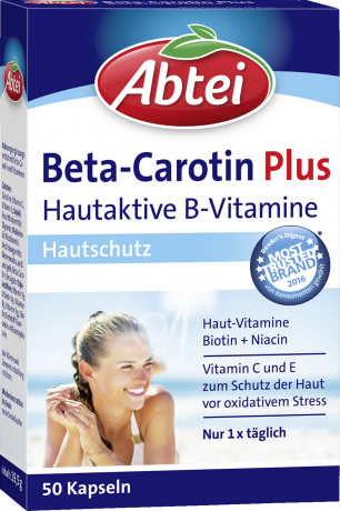 Abtei Beta-Carotin Plus Kapseln 50 Kapseln (19,5 g), Abtei Капсулы с бета-каротином и витаминами для поддержки кожи и защиты клеток, 50 капсул (19,5 г)