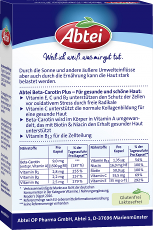 Abtei Beta-Carotin Plus Kapseln 50 Kapseln (19,5 g), Abtei Капсулы с бета-каротином и витаминами для поддержки кожи и защиты клеток, 50 капсул (19,5 г)