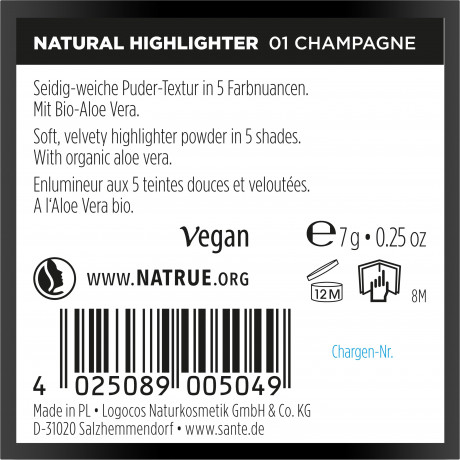 SANTE Natural Highlighter 01 Champagne, 7 g, Санте Хайлайтер Natural Highlighter, оттенок 01 Champagne, сияние шампанского, 7 г