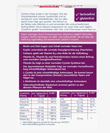 Doppelherz Haar Intensiv + Biotin Kapseln 30 St, 17,4 g Doppelherz Комплекс с биотином и цинком для здоровья волос, 30 шт.