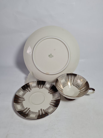 Чайное трио винтажное Bareuther Waldsassen Bavaria в бежево-серых тонах с золотистым орнаментом, фарфор, Германия, 1970-80гг.