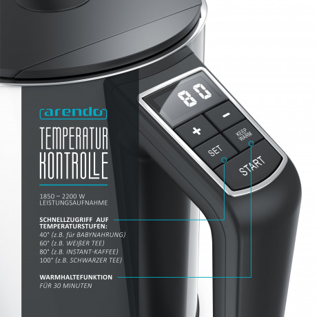 Arendo Arendo Wasserkocher, 1,5 l, 2200 W, Edelstahl, Doppelwand, Temperatureinstellung 40° 100 °C mit Anzeige, Summer |LED-Display |Doppelwandig |Interne Fullstandsanzeige vulkangrau Чайник Arendo, 1,5 л, 2200 Вт, нержавеющая сталь, с двойными стенками,