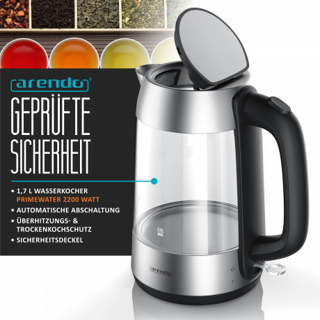 Arendo Arendo Wasserkocher, 1,7 l, 2200 W, Edelstahl, Glaswasserkocher, automatische Abschaltung, Kalkfilter, LED silberfarben Чайник Arendo 1,7 л, 2200 Вт, стеклянный чайник из нержавеющей стали, с автоматическим отключением, фильтром от накипи, светодио