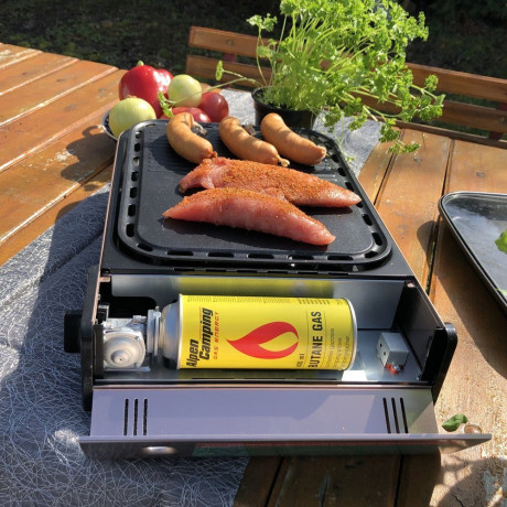 Alpen Camping Alpen Camping Gaskocher 2in1 Gas Kocher Campingkocher + Grillplatte Gasgrill Outdoor Camping Kocher Газовая плита Alpen для кемпинга, газовая плита 2-в-1, походная плита + гриль, газовый гриль, уличная походная плита