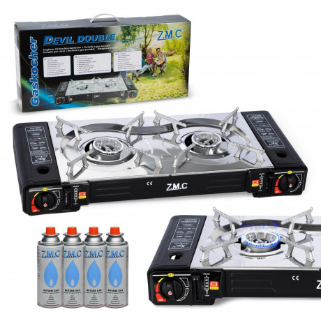 ZMC ZMC Gaskocher Doppel Kartuschenkocher Gaskocher 2 Flammig + 4x Gaskartuschen 227g, (MSF-1a automatische Piezo-Zundung (elektrisch) Herd Butangas), Outdoor Gas Campingkocher 2Fach Gasherd Ofen Butan Kochfeld Gas Kocher Газовая плита ZMC с двойной карт