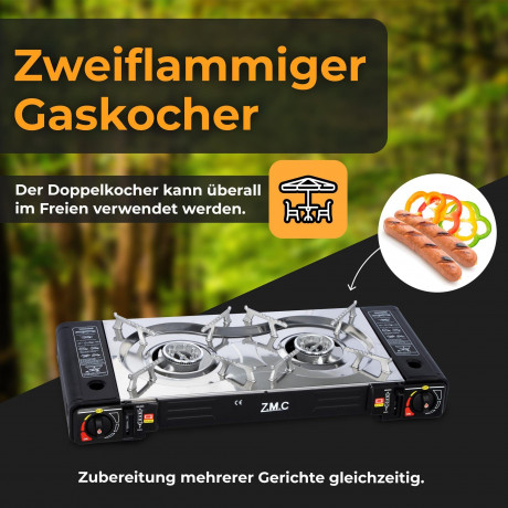 ZMC ZMC Gaskocher Doppel Kartuschenkocher Gaskocher 2 Flammig + 4x Gaskartuschen 227g, (MSF-1a automatische Piezo-Zundung (elektrisch) Herd Butangas), Outdoor Gas Campingkocher 2Fach Gasherd Ofen Butan Kochfeld Gas Kocher Газовая плита ZMC с двойной карт