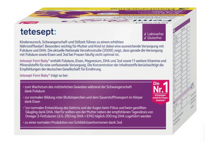 Tetesept Femi Baby 90 tabletten +90 kapseln, Комплекс для беременных и при планировании, фолиевая кислота 600 мкг + DHA + йод, 90 таблеток + 90 капсул, 3 месяца, Германия