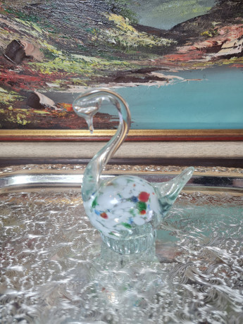 Фигурка винтажная Murano Glas "Лебедь", прозрачное стекло с яркими вкраплениями, 12 см, Италия, 1960-70гг.