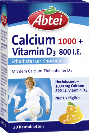 Abtei Calcium 1.000 + Vitamin D3 800 I.E. Kautabletten 30 Kautabletten (113 g), Abtei Жевательные таблетки кальция 1000 мг с витамином D3 800 МЕ для костей и мышц, 30 жевательных таблеток (113 г)