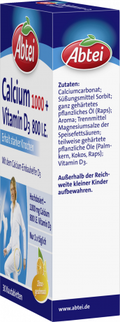 Abtei Calcium 1.000 + Vitamin D3 800 I.E. Kautabletten 30 Kautabletten (113 g), Abtei Жевательные таблетки кальция 1000 мг с витамином D3 800 МЕ для костей и мышц, 30 жевательных таблеток (113 г)