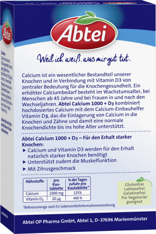 Abtei Calcium 1.000 + Vitamin D3 800 I.E. Kautabletten 30 Kautabletten (113 g), Abtei Жевательные таблетки кальция 1000 мг с витамином D3 800 МЕ для костей и мышц, 30 жевательных таблеток (113 г)