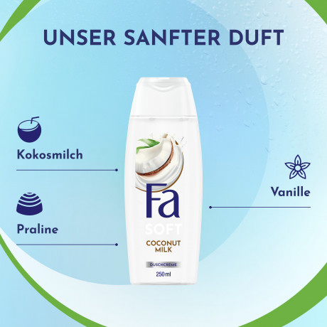 Fa Soft Coconut Milk Duschcreme 250 ml, Крем для душа FA Soft Coconut Milk с ароматом кокосового молока, пралине и ванили, 250 мл