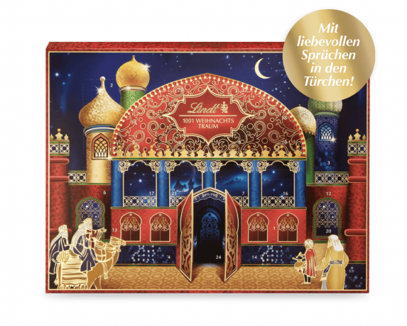 Lindt 1001 Weihnachts-Traum Adventskalender 2024 Адвент календарь "1001 ночь" с 24 сладкими сюрпризами, 48см × 36см, 281грамм  