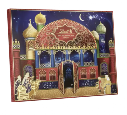 Lindt 1001 Weihnachts-Traum Adventskalender 2024 Адвент календарь "1001 ночь" с 24 сладкими сюрпризами, 48см × 36см, 281грамм  