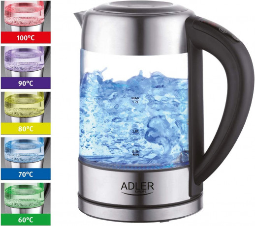 JUNG JUNG Wasserkocher ADLER AD1247, Wasserkocher Glas mit Temperatureinstellung Digital, 1.7 l, 2200 W, Glas mit Edelstahl, LED Beleuchtung LCD Display, 360° Basis Kettle Чайник JUNG ADLER AD1247, стеклянный чайник с цифровой регулировкой температуры,