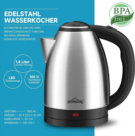 HOMELUX HOMELUX Wasserkocher Edelstahl 1.8l, 1500w Electric Kettle Mit Filter, Kessel Bpa-Frei, 1.8 l, 1500,00 W, Abschaltautomatik, Ideal FuR Tee, Kaffee, Babynahrung Чайник HOMELUX нержавеющая сталь 1,8л, 1500Вт, электрочайник с фильтром, чайник без BP