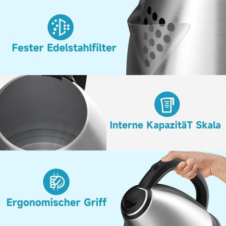 HOMELUX HOMELUX Wasserkocher Edelstahl 1.8l, 1500w Electric Kettle Mit Filter, Kessel Bpa-Frei, 1.8 l, 1500,00 W, Abschaltautomatik, Ideal FuR Tee, Kaffee, Babynahrung Чайник HOMELUX нержавеющая сталь 1,8л, 1500Вт, электрочайник с фильтром, чайник без BP