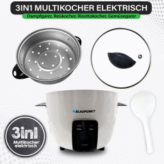 Blaupunkt Blaupunkt Reiskocher MEN694 Reiskocher Gross Reisgarer 2,8 L, 3in1 Multikocher elektrisch, 1000,00 W, Dampfgarer, Cooker, Steamer, Dampfer, Risottokocher, Gemusegarer  Рисоварка Blaupunkt MEN694 рисоварка большая 2,8 л, мультиварка 3-в-1 электри